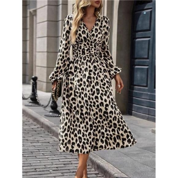 Leopard Print Long Sleeve Wrap Midi Dress - Picture 2 of 4